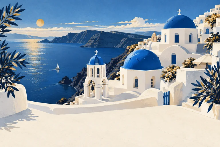 Ivory Santorini houses and cobalt domes above the deep-blue Aegean caldera