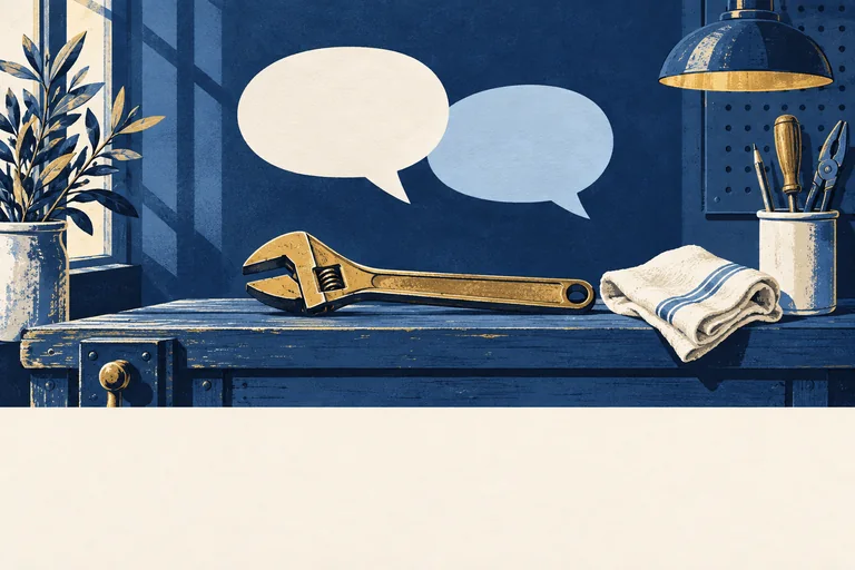 A gold wrench and folded cream cloth on a blue workbench beneath two simple speech bubbles.