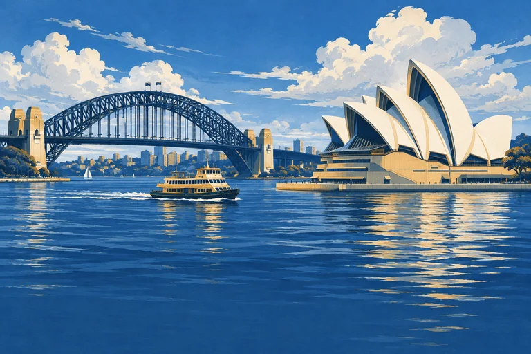 Sydney Opera House and Harbour Bridge with a small ferry on cobalt water