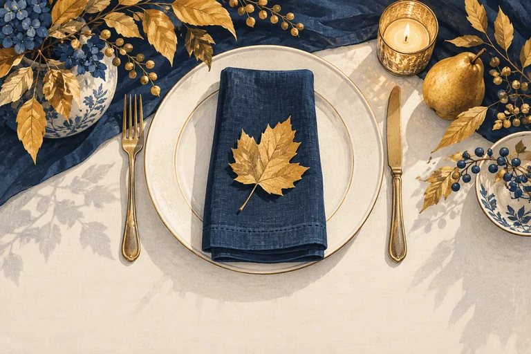 A cream place setting with a navy napkin and golden autumn leaves