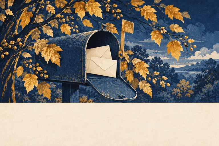 Two cream envelopes in an open blue mailbox surrounded by golden autumn leaves.