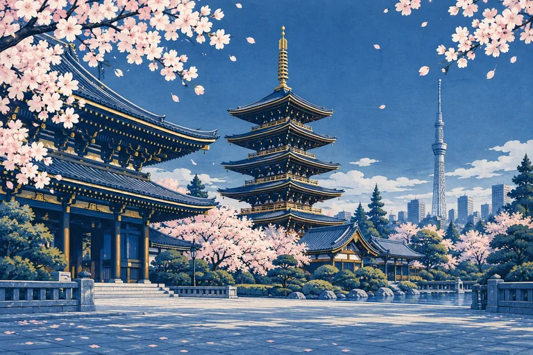 A navy Tokyo pagoda and distant Skytree beneath pale cherry blossoms
