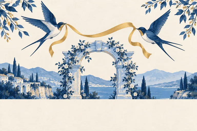 Two blue swallows carry a gold ribbon above a pale-blue garden arch.