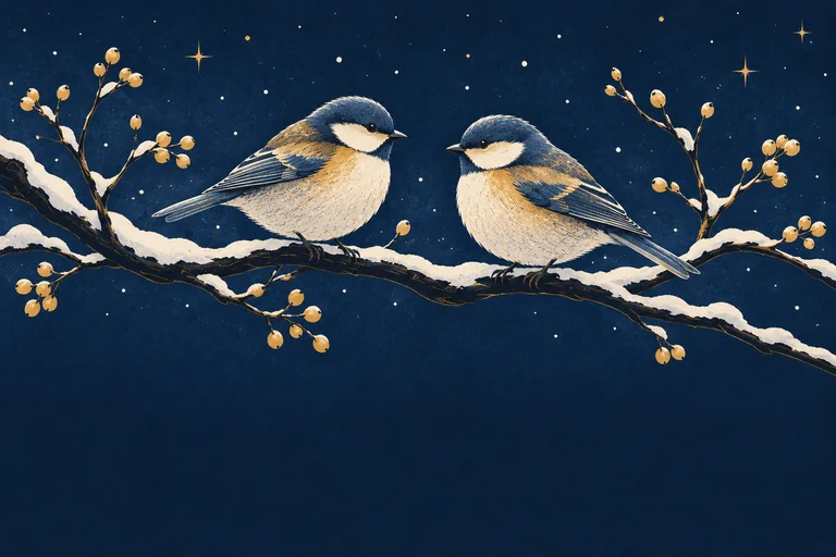 Two blue and ivory songbirds perch on a snowy branch with golden berries against a navy sky.