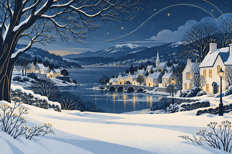 A quiet snowy village at blue hour with warm golden light in the windows